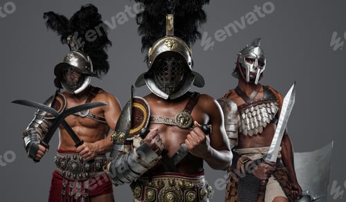 Preview: Three ancient gladiators with plumed helmet and swords