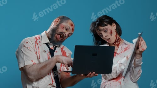 Preview: Dumb creepy looking zombies with modern laptop device and clipboard acting childish on blue