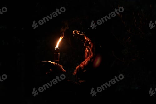 Preview: Silhouette of a witch woman with a torch and skull