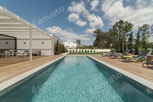 Preview: Modern house with garden swimming pool and wooden deck
