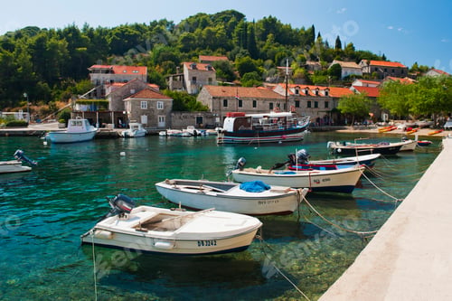 Preview: Photo of boats in the port, Sipan Island (Sipano), Elaphiti Islands, Dalmatian Coast, Croatia