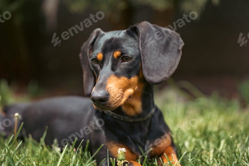 Preview: A cute dachshund in a lush spring garden