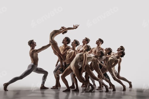 Preview: The group of modern ballet dancers. Contemporary art ballet. Young flexible athletic men and women