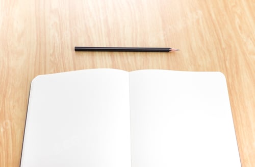 Preview: blank open notebook with black pencil on wood table,Business template