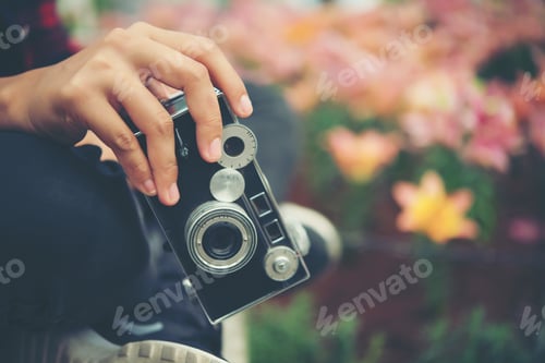 Preview: Close up woman's hand with vintage camera focus shooting flowers at garden.