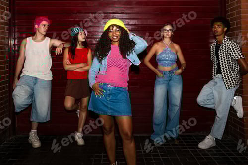 Preview: Multiethnic group of young friends having fun on the stretts in the night