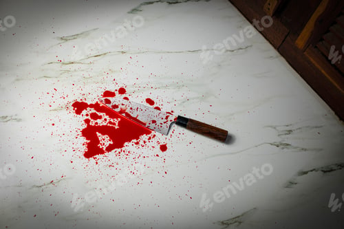 Preview: A bloodstained kitchen knife on the Tile floor in the kitchen