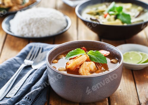 Preview: thai tom yum goong soup with shrimp in bowl