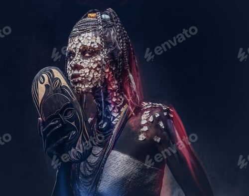 Preview: Close-up portrait of a witch from the indigenous African tribe, wearing traditional costume