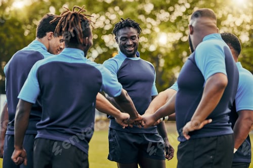 Preview: Diversity, team and men fist bump in sports for support, motivation or goals outdoors. Man sport gr
