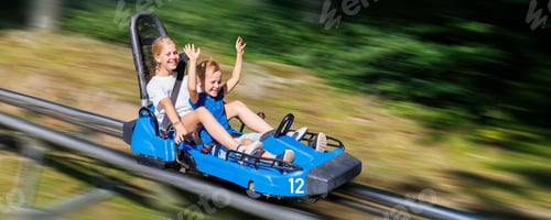 Preview: Pair of cute laughing kids enjoy have fun riding alpine roller coaster cart together at Harz