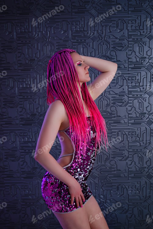 Preview: Attractive dancing woman with trendy pink braids in the club, neon light.