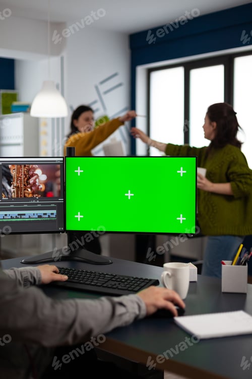 Preview: Video maker editing movie at pc with green screen