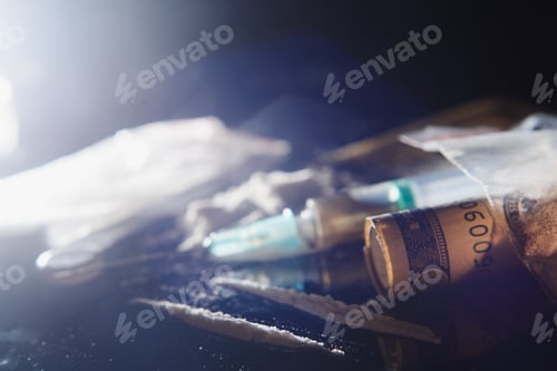 Preview: Hard drugs on dark table.