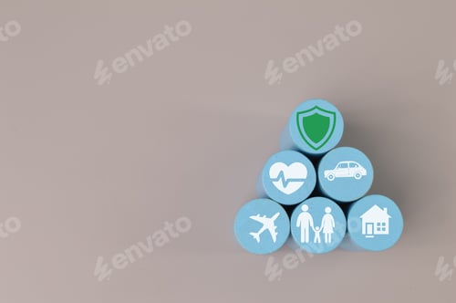 Preview: Illustration of Health, Travel and Home on Blue Cylinders