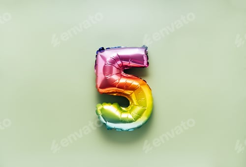 Preview: Colorful balloon number 5 on light green background