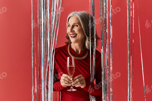 Preview: A happy mature woman with grey hair toasts at a festive Christmas and New Year gathering