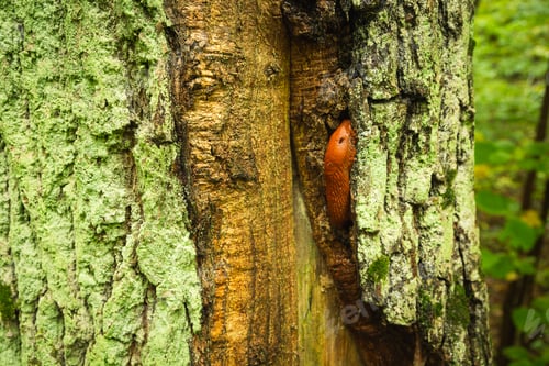 Preview: A brown snail without a shell on a tree trunk