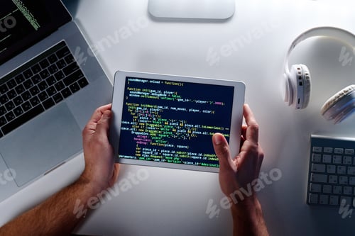Preview: Top view of tablet screen with coded data held by male programmer