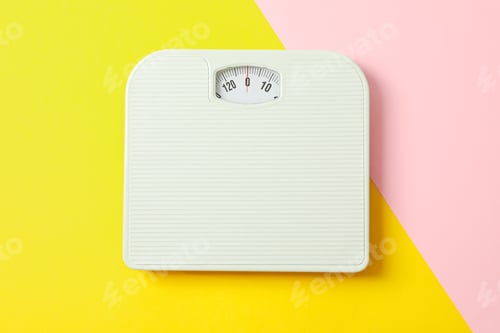 Preview: White weigh scales on two tone background, space for text