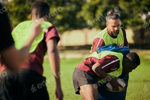 Preview: Sports, team and men in field for rugby training, workout and exercise on grass field for competiti