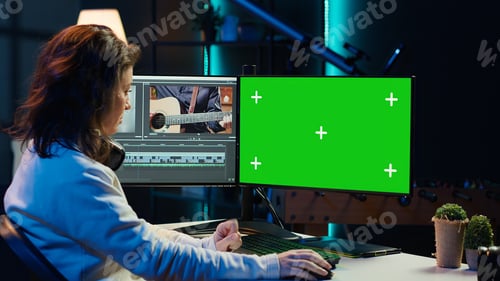 Preview: Woman color correcting clips on isolated screen PC