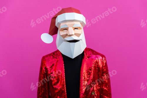 Preview: Man with funny low poly mask on colored background