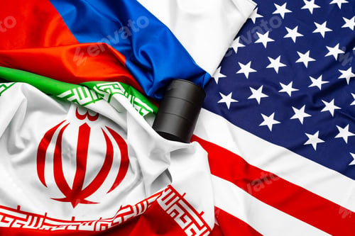 Preview: Flags of Iran, USA and Russia together with oil barrel. Oil embargo, oil crisis concept