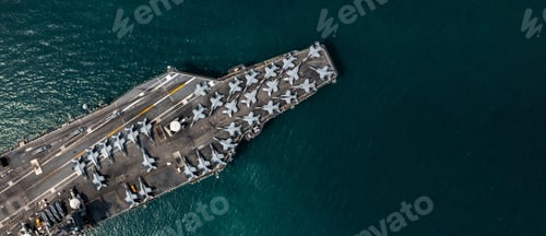 Preview: Aerial view military nuclear ship navy ship carrier full loading fighter jet aircraft.