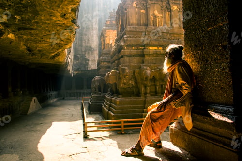 Preview: Hindu Sadhu the holy men visiting the Kailasa Temple, Ellora caves, UNESCO world heritage side.