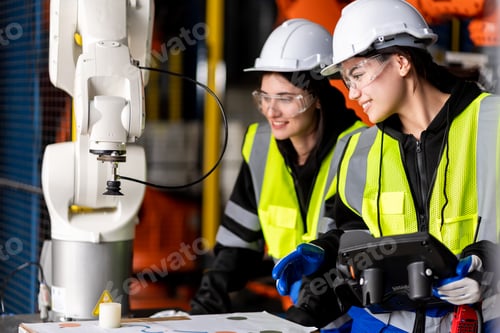 Preview: A team engineers meeting to inspect computer-controlled steel welding robots.