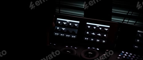 Preview: Edit video production control panel in studio. Editor editing and grade film in movie post room.