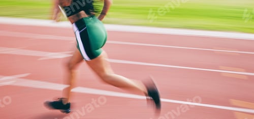 Preview: Black woman, running and legs in athletics for sports training, cross fit or exercise on stadium tr