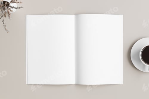 Vista previa: Open magazine mockup with a cup of coffee and a lavender on the beige table.