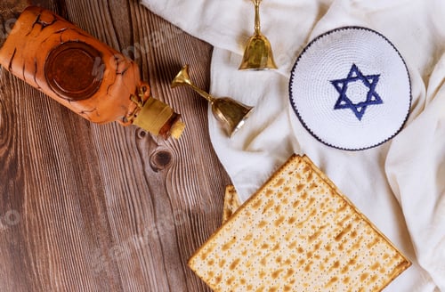 Preview: Jewish holiday pesah celebration passover bread in the red kosher wine on kippa