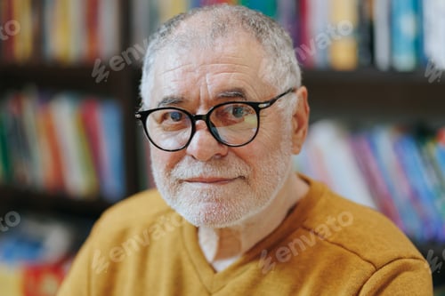 Preview: Glasses of Wisdom Front View Portrait of Senior Man Amidst Books