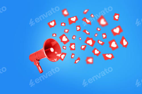 Preview: Like icons flying from the red loudspeaker on blue background, a concept. Creative idea