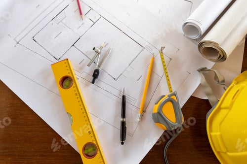 Preview: Top view of measurement tool with helmet on blueprint, architectural concept
