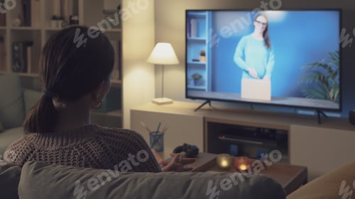 Preview: Woman watching an unboxing video on TV