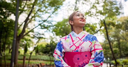 Preview: Woman, thinking and walking with nature, park and travel for journey and natural sustainability. Ja