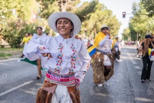 Vista previa: Hispanic woman dancing cayambe in traditional clothes during columbus day parade. Dia hispanidad