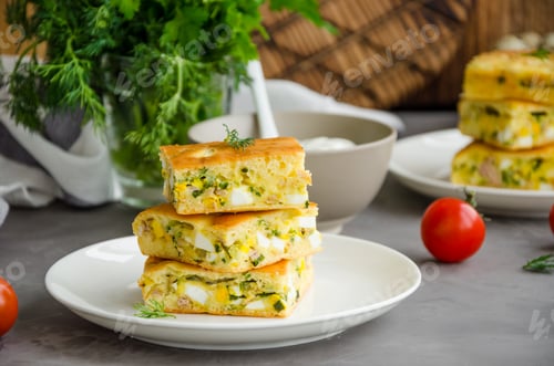 Preview: Pieces of pie with eggs, green onions and canned tuna on a white plate on a dark concrete background