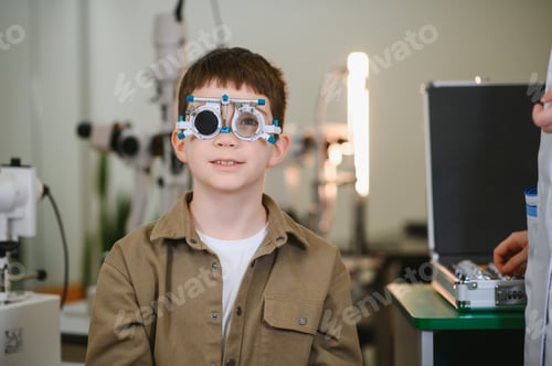 Preview: Boy undergoing eyesight examination wearing trial frame in ophthalmology clinic