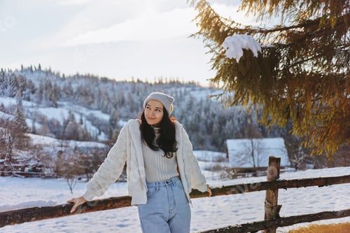 Preview: Woman in Winter Clothes Outdoors Against Snowy Mountains and Village