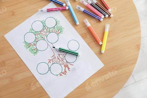 Preview: Family tree and felt tip pens on wooden table, flat lay