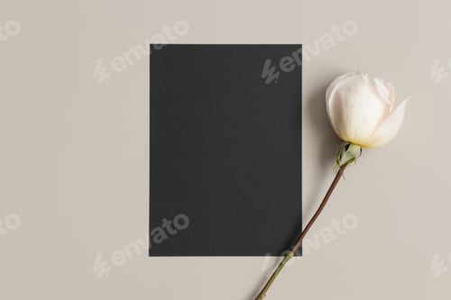 Preview: Invitation black card mockup with a rose on a beige table. 5x7 ratio, similar to A6, A5.
