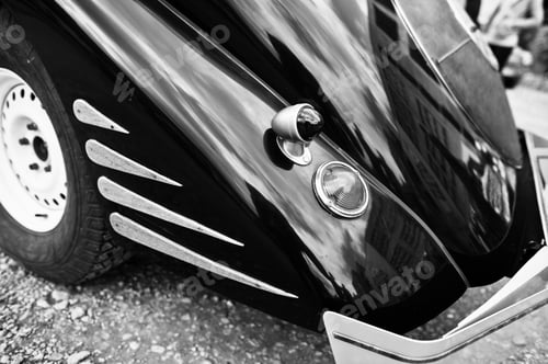 Preview: Rear of old classic car. Black and white photo