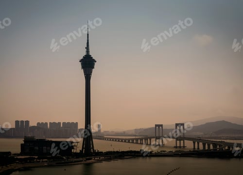 Preview: macau tower and taipa bridge skyline view on foggy day