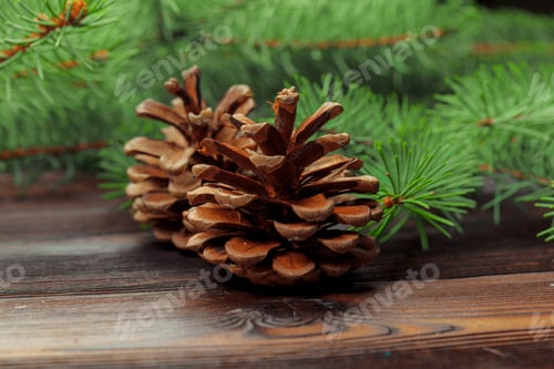 Preview: Christmas composition with fir tree branches on wooden background.