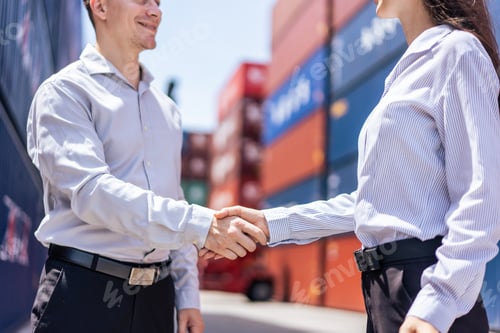 Preview: Caucasian businesswoman and businessman worker work in container port.